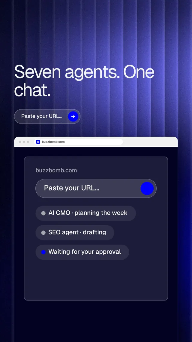 Instagram story for BuzzBomb: "Seven agents. One chat." Agentic glass style, browser layout, dark palette in blue, black.