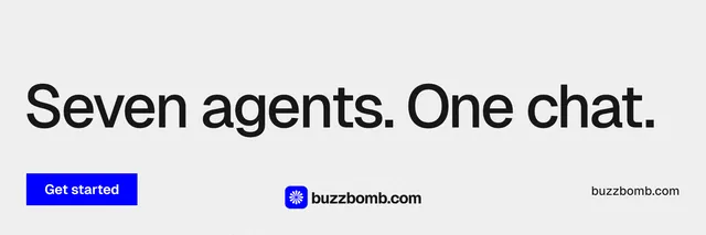X header for BuzzBomb: "Seven agents. One chat." Swiss style, poster layout, light palette in white, grey.