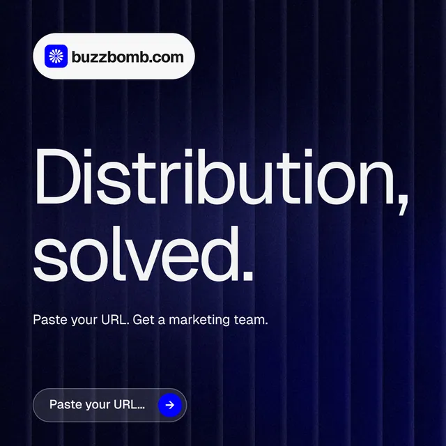 Instagram post for BuzzBomb: "Distribution, solved." Agentic glass style, announce layout, dark palette in blue, black, grey.