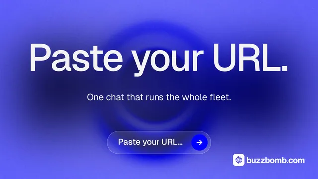Landscape graphic for BuzzBomb: "Paste your URL." Agentic glass style, centred layout, dark palette in blue.