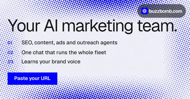 Social ad for BuzzBomb: "Your AI marketing team." Swiss style, numbered layout, light palette in blue, white.