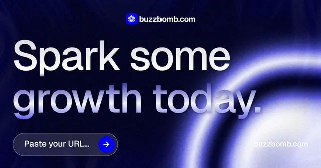 Social ad for BuzzBomb: "Spark some growth today." Agentic glass style, poster layout, dark palette in blue, black.