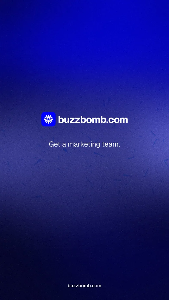 Instagram story for BuzzBomb: "Get a marketing team." Agentic glass style, end card layout, dark palette in blue.