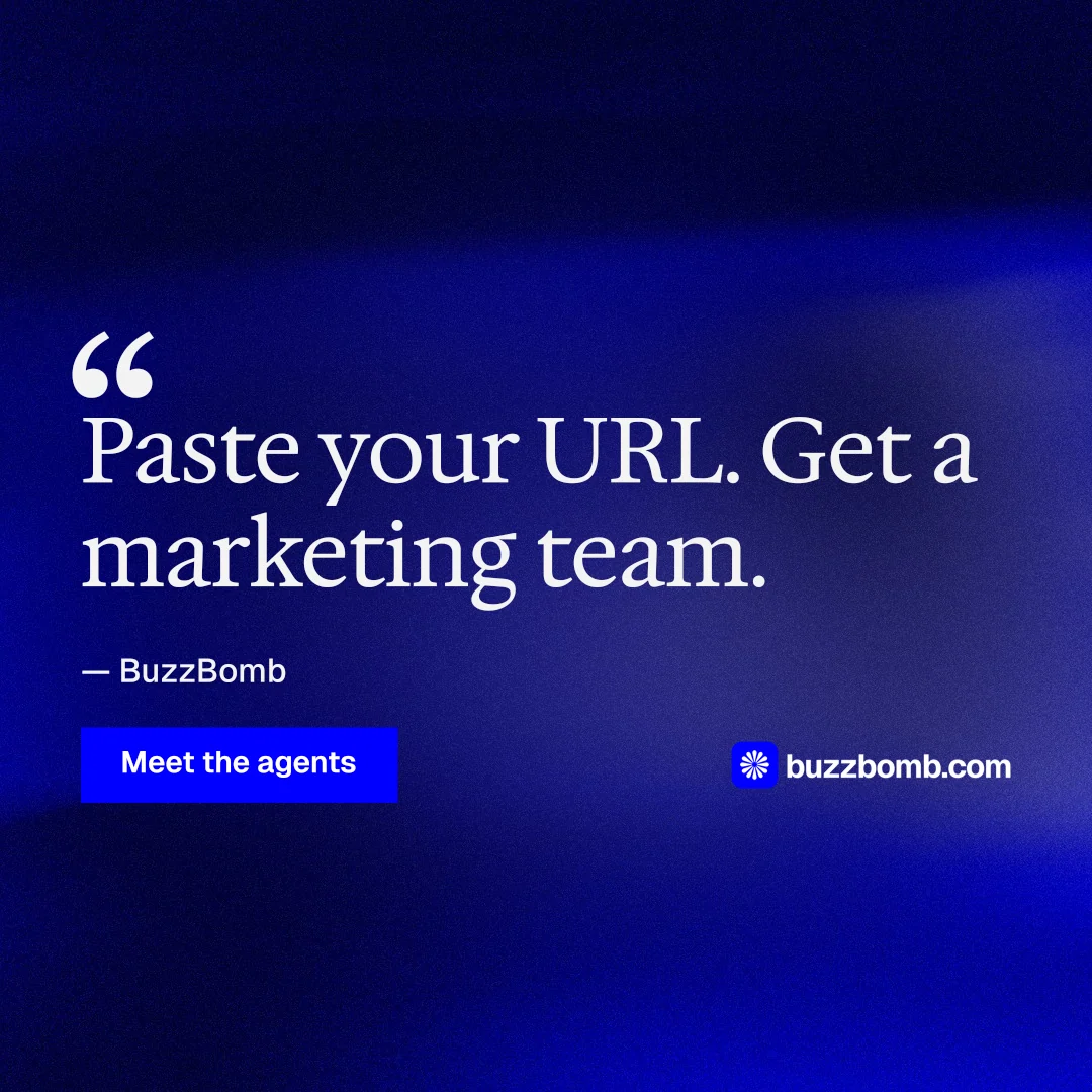 Instagram post for BuzzBomb: "Your AI marketing team." Swiss style, quote layout, dark palette in black, blue.