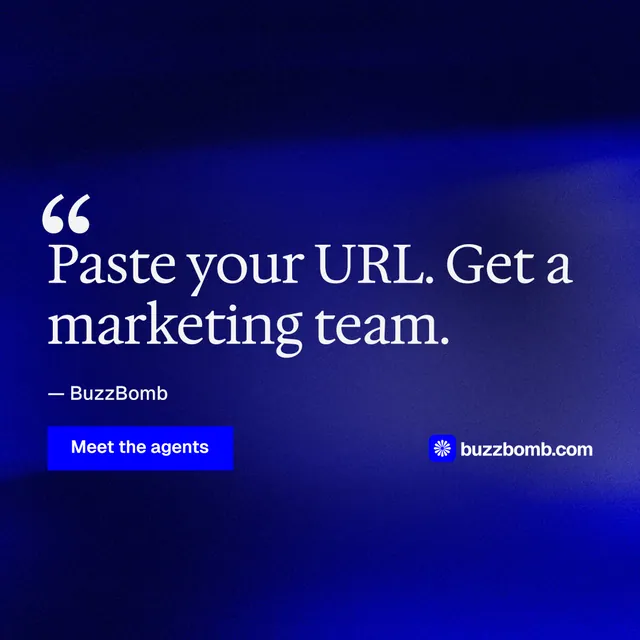 Instagram post for BuzzBomb: "Your AI marketing team." Swiss style, quote layout, dark palette in black, blue.