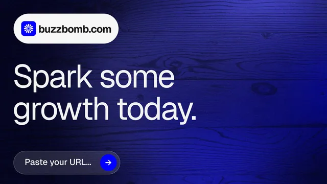 Landscape graphic for BuzzBomb: "Spark some growth today." Agentic glass style, announce layout, dark palette in blue, grey.