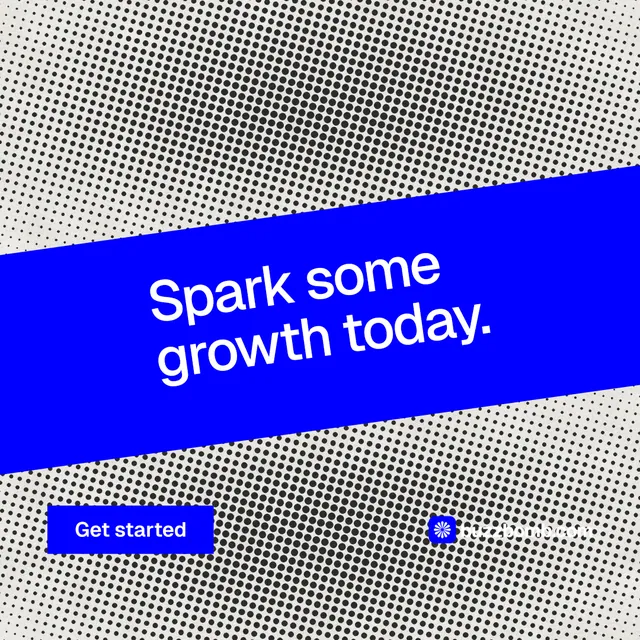 Instagram post for BuzzBomb: "Spark some growth today." Swiss style, diagonal layout, light palette in grey, blue.