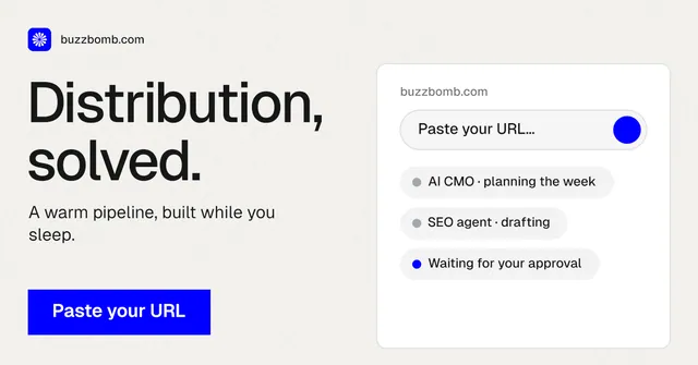 Social ad for BuzzBomb: "Distribution, solved." Swiss style, bottom layout, light palette in white, blue.