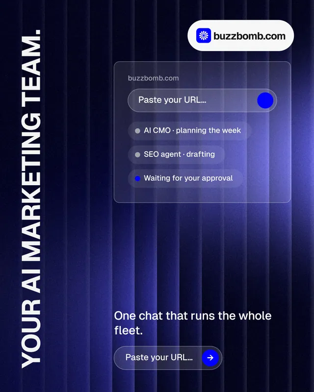 Instagram portrait post for BuzzBomb: "Your AI marketing team." Agentic glass style, vertical layout, dark palette in black, blue.
