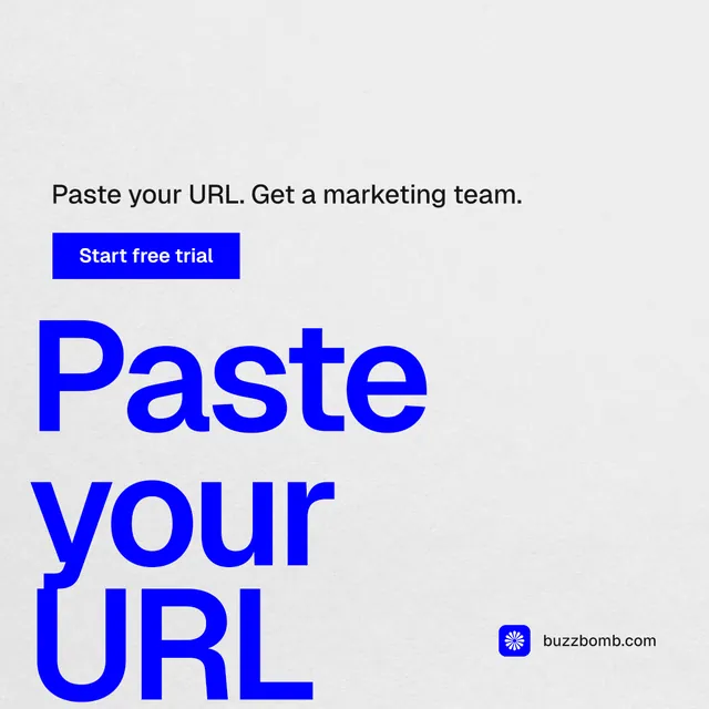 Instagram post for BuzzBomb: "One launch. A week of posts." Swiss style, oversized layout, light palette in white, blue.