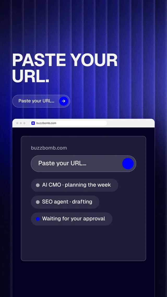 Instagram story for BuzzBomb: "Paste your URL." Agentic glass style, browser layout, dark palette in blue, black, grey.