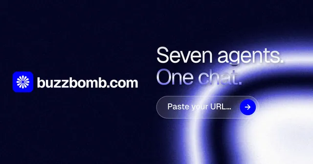 Social ad for BuzzBomb: "Seven agents. One chat." Agentic glass style, logo hero layout, dark palette in black, blue.