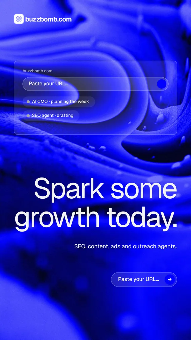 Instagram story for BuzzBomb: "Spark some growth today." Agentic glass style, right layout, dark palette in blue.