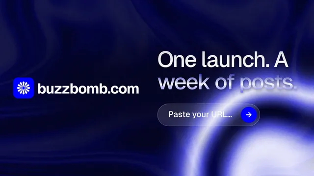 Landscape graphic for BuzzBomb: "One launch. A week of posts." Agentic glass style, logo hero layout, dark palette in black, blue.