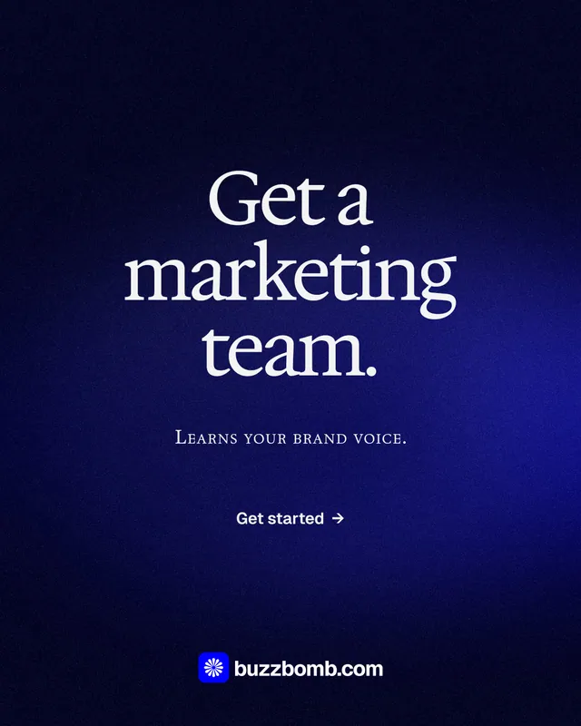 Instagram portrait post for BuzzBomb: "Get a marketing team." Agentic glass style, smallcaps layout, dark palette in blue, black.