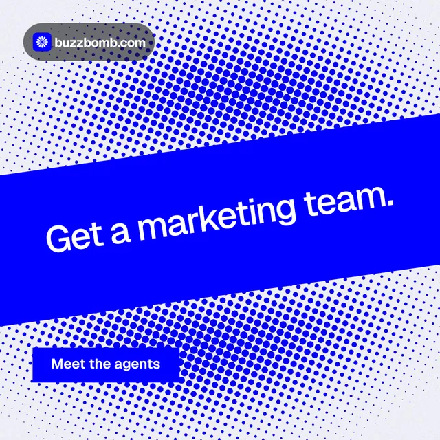 Instagram post for BuzzBomb: "Get a marketing team." Split block style, diagonal layout, light palette in blue, white.