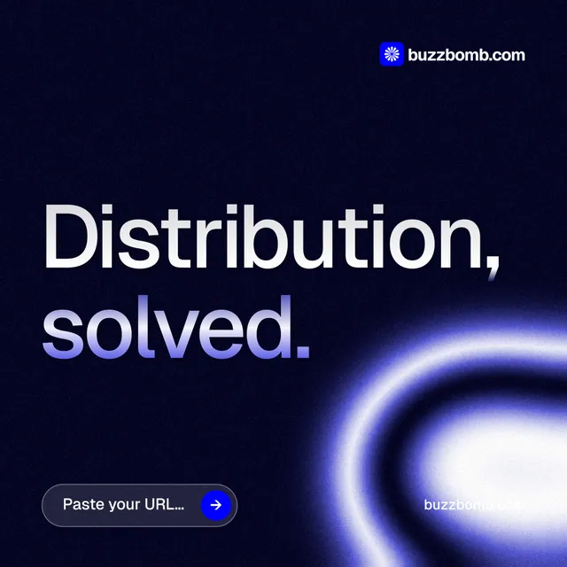 Instagram post for BuzzBomb: "Distribution, solved." Agentic glass style, poster layout, dark palette in black, blue.