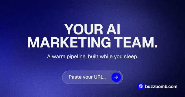 Social ad for BuzzBomb: "Your AI marketing team." Agentic glass style, centred layout, dark palette in blue.