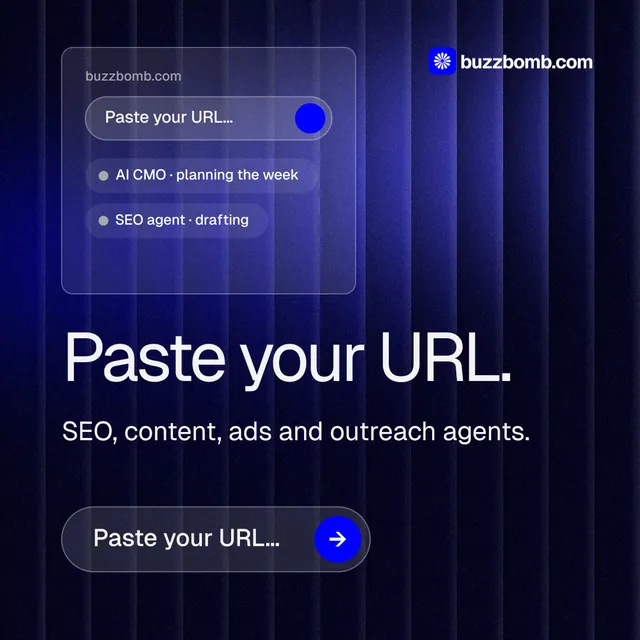 Instagram post for BuzzBomb: "Paste your URL." Agentic glass style, skeleton layout, dark palette in black, blue.