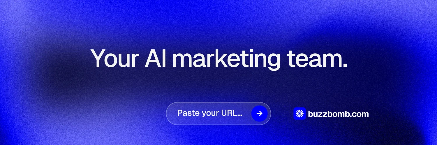 X header for BuzzBomb: "Your AI marketing team." Agentic glass style, centred layout, dark palette in blue.