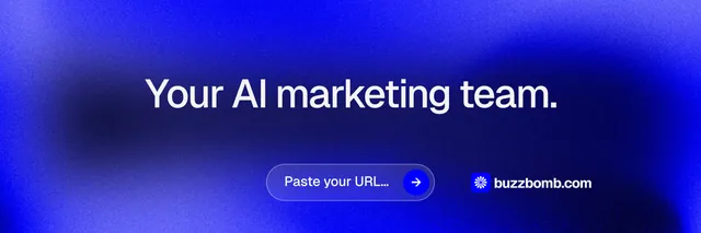 X header for BuzzBomb: "Your AI marketing team." Agentic glass style, centred layout, dark palette in blue.