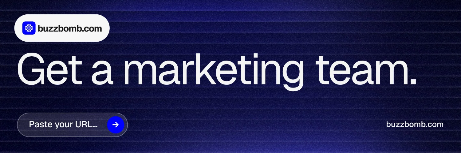 X header for BuzzBomb: "Get a marketing team." Agentic glass style, poster layout, dark palette in blue, black, grey.
