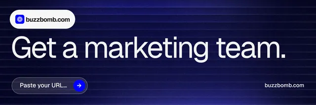 X header for BuzzBomb: "Get a marketing team." Agentic glass style, poster layout, dark palette in blue, black, grey.