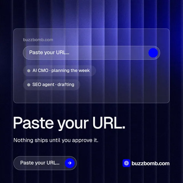 Instagram post for BuzzBomb: "Paste your URL." Agentic glass style, bottom layout, dark palette in blue, black.