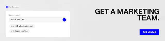 LinkedIn banner for BuzzBomb: "Get a marketing team." Swiss style, right layout, light palette in white, grey.