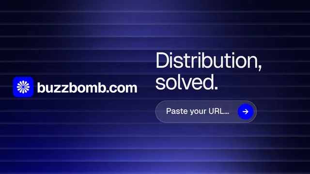 Landscape graphic for BuzzBomb: "Distribution, solved." Agentic glass style, logo hero layout, dark palette in black, blue.