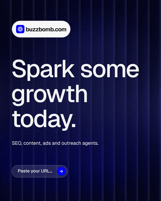Instagram portrait post for BuzzBomb: "Spark some growth today." Agentic glass style, announce layout, dark palette in blue, black, grey.