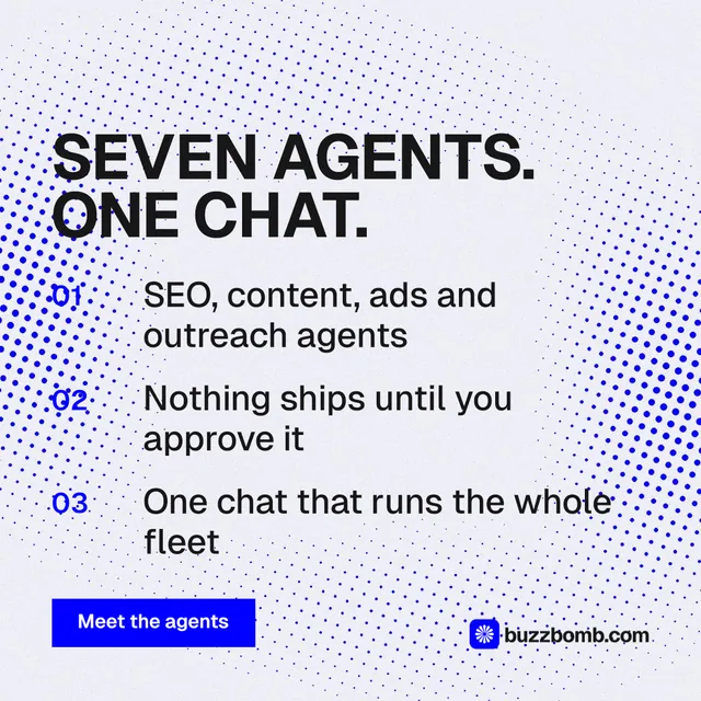 Instagram post for BuzzBomb: "Seven agents. One chat." Swiss style, numbered layout, light palette in white, blue.