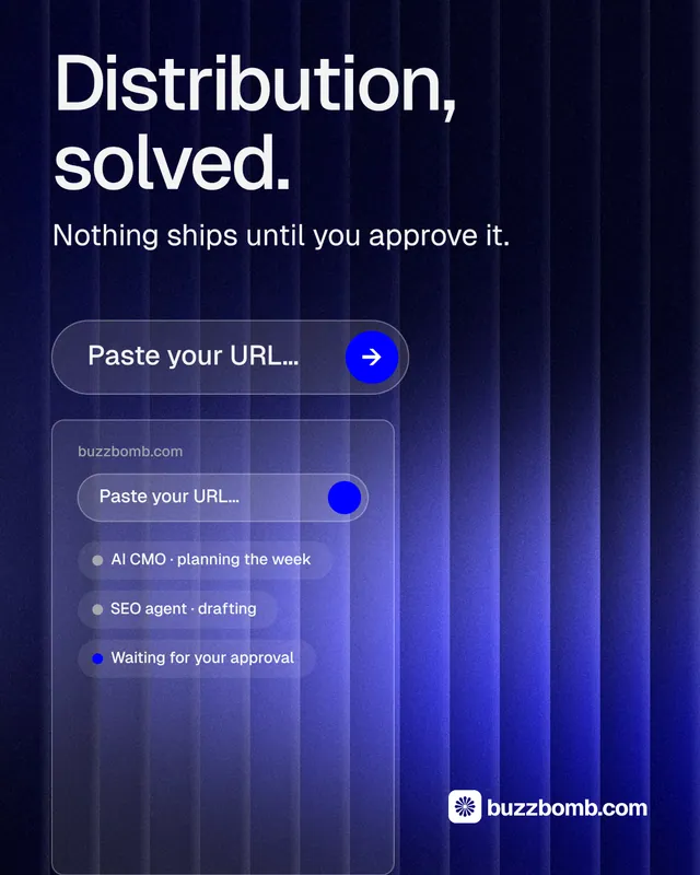 Instagram portrait post for BuzzBomb: "Distribution, solved." Agentic glass style, skeleton layout, dark palette in black, blue.