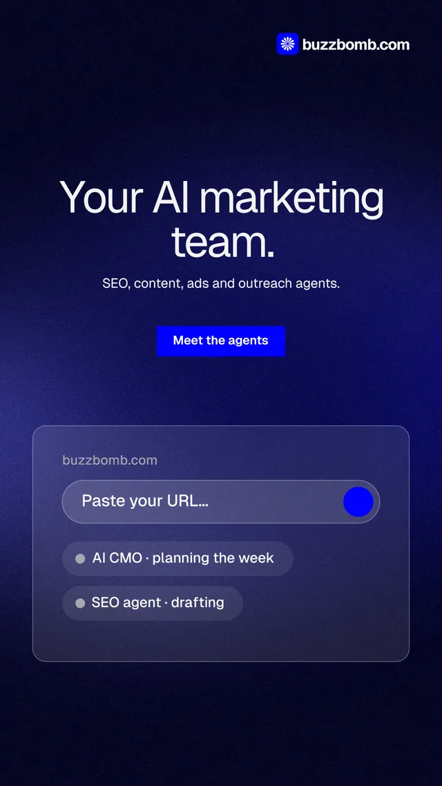 Instagram story for BuzzBomb: "Your AI marketing team." Swiss style, centred layout, dark palette in black, blue.