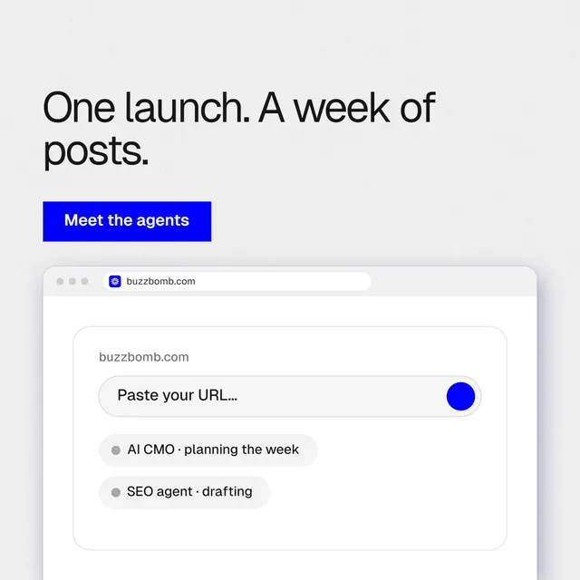Instagram post for BuzzBomb: "One launch. A week of posts." Swiss style, browser layout, light palette in white, blue.