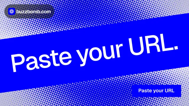 Landscape graphic for BuzzBomb: "Paste your URL." Swiss style, diagonal layout, dark palette in blue.