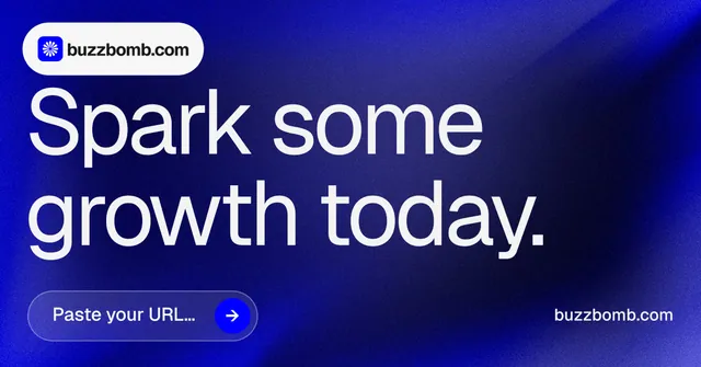 Social ad for BuzzBomb: "Spark some growth today." Agentic glass style, poster layout, dark palette in blue, grey.