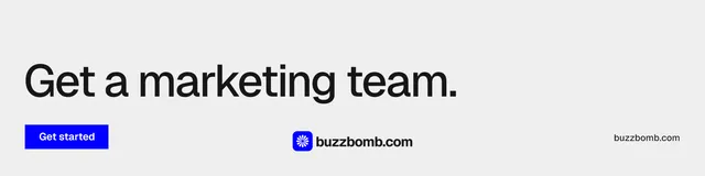 LinkedIn banner for BuzzBomb: "Get a marketing team." Swiss style, poster layout, light palette in white, grey.