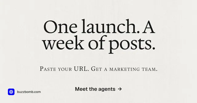 Social ad for BuzzBomb: "One launch. A week of posts." Swiss style, smallcaps layout, light palette in white, grey.