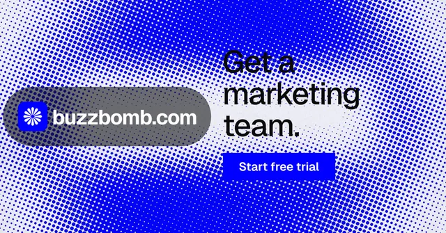 Social ad for BuzzBomb: "Get a marketing team." Swiss style, logo hero layout, light palette in blue.
