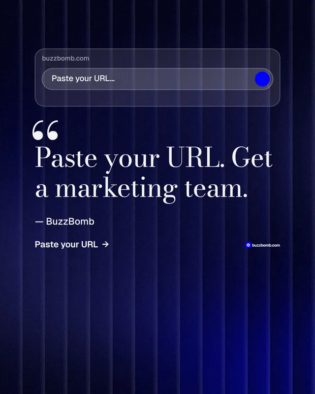 Instagram portrait post for BuzzBomb: "Your AI marketing team." Minimal luxury style, quote layout, dark palette in blue, black.