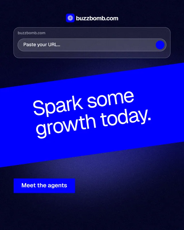 Instagram portrait post for BuzzBomb: "Spark some growth today." Swiss style, diagonal layout, dark palette in black, blue.