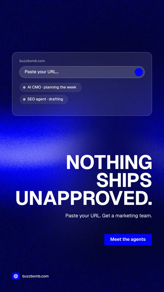 Instagram story for BuzzBomb: "Nothing ships unapproved." Swiss style, right layout, dark palette in blue.