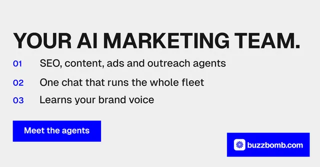 Social ad for BuzzBomb: "Your AI marketing team." Swiss style, numbered layout, light palette in white, blue.
