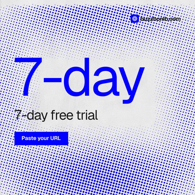 Instagram post for BuzzBomb: "Paste your URL." Swiss style, stat layout, light palette in blue, white.