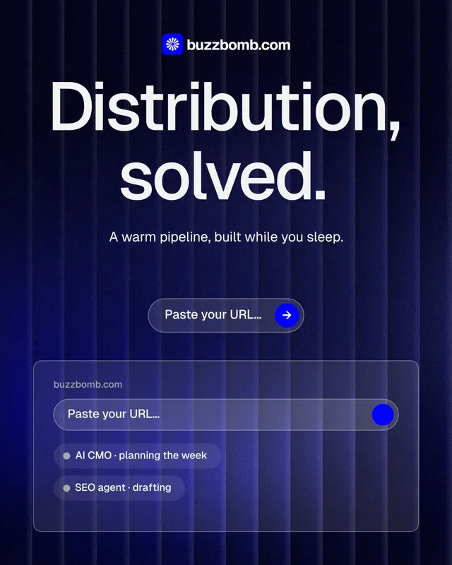Instagram portrait post for BuzzBomb: "Distribution, solved." Agentic glass style, centred layout, dark palette in black, blue, grey.
