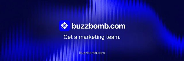 X header for BuzzBomb: "Get a marketing team." Swiss style, end card layout, dark palette in blue.