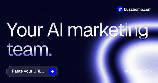 Social ad for BuzzBomb: "Your AI marketing team." Agentic glass style, poster layout, dark palette in black, blue.