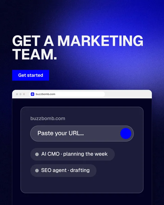 Instagram portrait post for BuzzBomb: "Get a marketing team." Swiss style, browser layout, dark palette in blue, black.