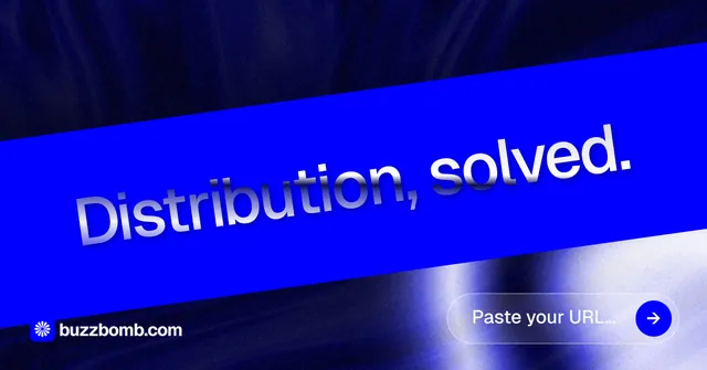 Social ad for BuzzBomb: "Distribution, solved." Agentic glass style, diagonal layout, dark palette in blue.
